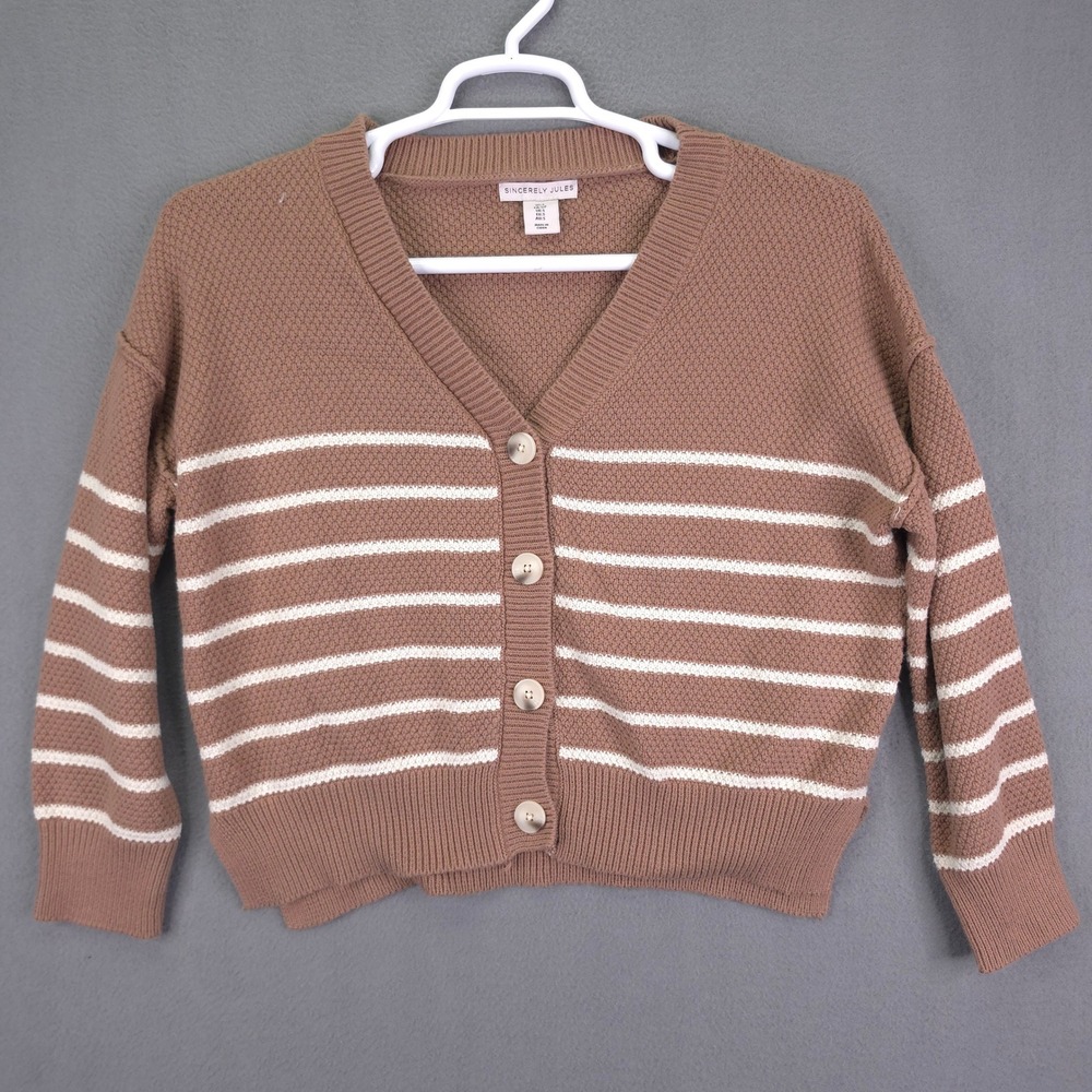 Sincerely Jules Cardigan Sweater Striped Brown White Small Cotton V-Neck